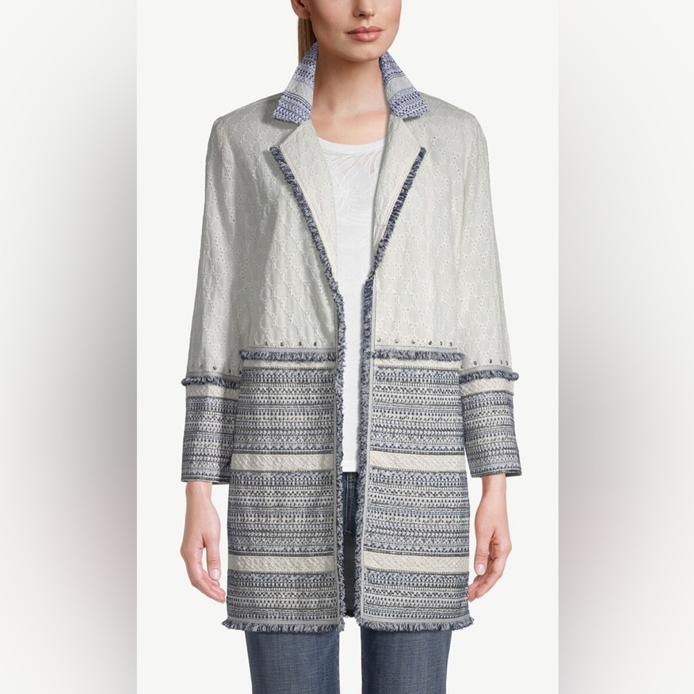 NEW Chico’s Eyelet Longline Cardigan Jacket Embroidered  Frayed Hem Size 12/14